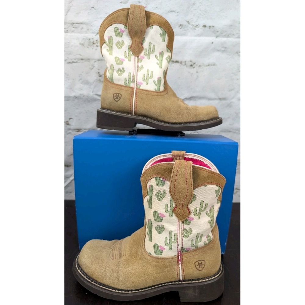 Ariat Girls Cactus Print Western Cowboy Boots Suede Leather Size 8B Youth